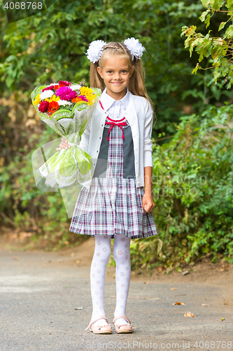 Image of portrait of a seven-year first-grade girl with a bouquet of flowers