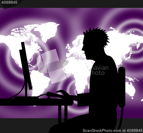 Image of Man Using Internet Shows Web Site And World