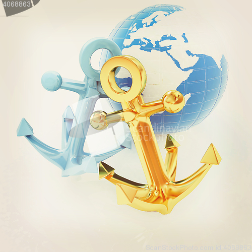 Image of anchors and Earth. 3D illustration. Vintage style.