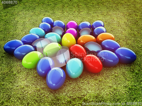 Image of Colored Easter eggs as a flower on a green grass. 3D illustratio