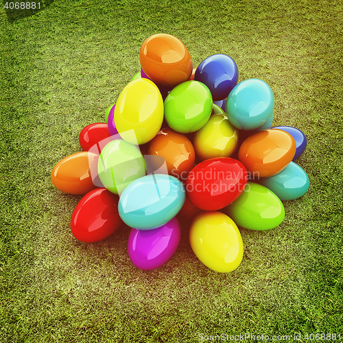 Image of Colored Easter eggs on a green grass. 3D illustration. Vintage s