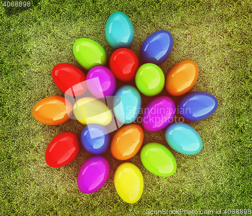 Image of Colored Easter eggs on a green grass. 3D illustration. Vintage s