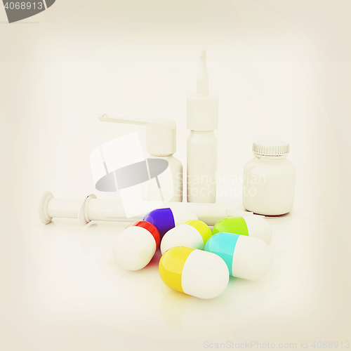 Image of Syringe, tablet, pill jar. 3D illustration. 3D illustration. Vin