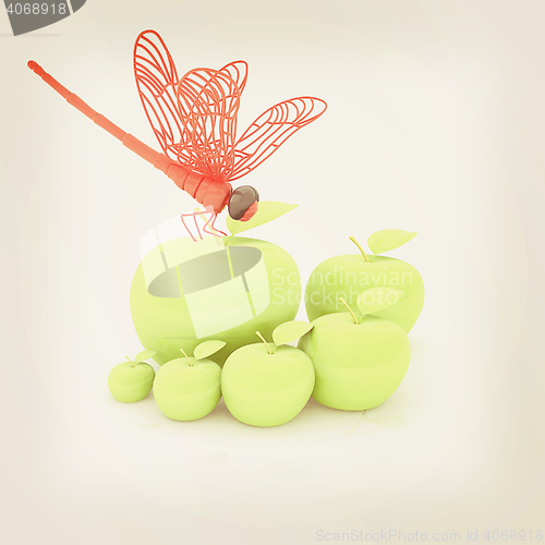 Image of Dragonfly on apple. Natural eating concept. 3D illustration. Vin