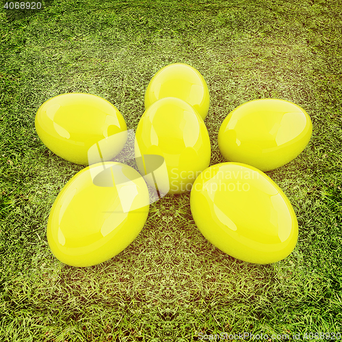 Image of Yellow Easter eggs as a flower on a green grass. 3D illustration