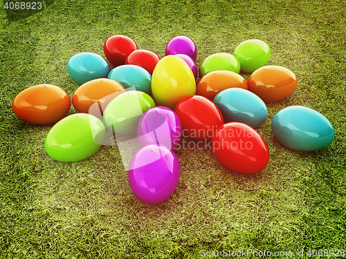 Image of Colored Easter eggs as a flower on a green grass. 3D illustratio