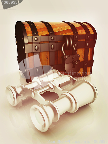 Image of binoculars and chest. 3D illustration. Vintage style.