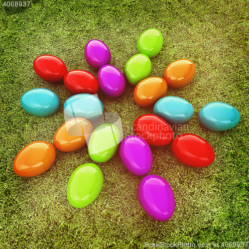 Image of Colored Easter eggs as a flower on a green grass. 3D illustratio