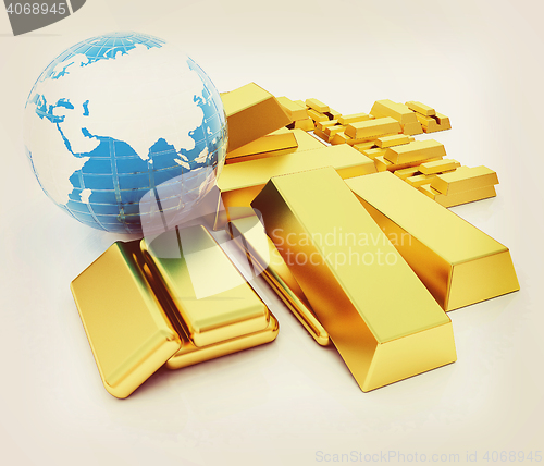 Image of Earth and gold bars. 3D illustration. Vintage style.