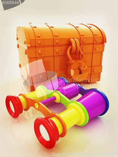 Image of binoculars and chest. 3D illustration. Vintage style.