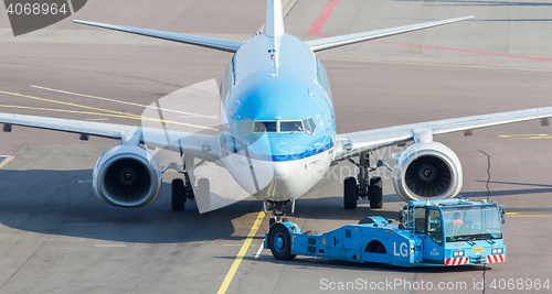 Image of SCHIPHOL, AMSTERDAM, JULY 19, 2016: Front view of a KLM plane at