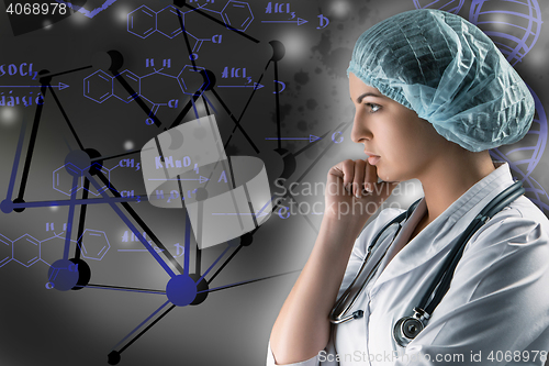 Image of Collage on scientific topics. Young female doctor standing against gray background