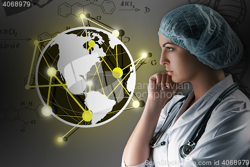 Image of Collage on scientific topics. Young female doctor standing against gray background