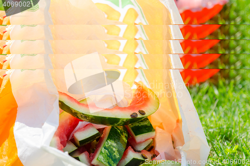 Image of Watermelon rind with seeds lie in a plastic bag on the green grass