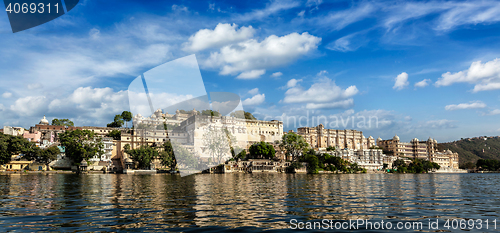 Image of City Palace panorama from the lake. Udaipur, Rajasthan, India
