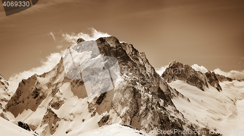 Image of Panoramic view on snow winter mountains