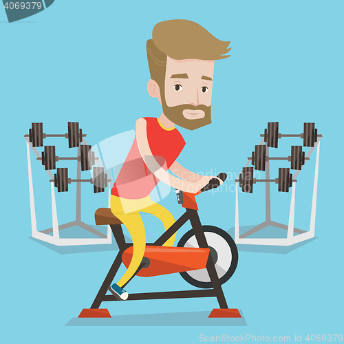 Image of Man riding stationary bicycle vector illustration.