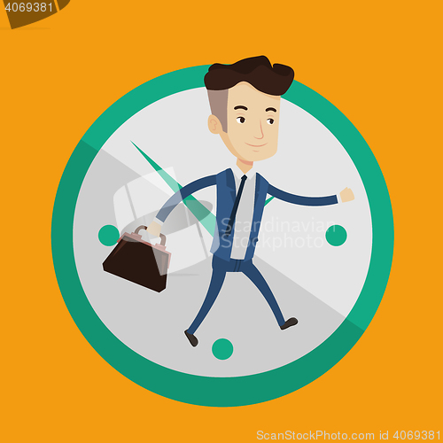 Image of Businessman running on clock background.