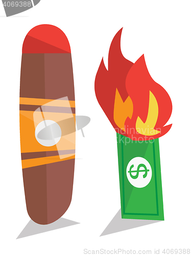 Image of Dollar bill on fire and cigar vector illustration.