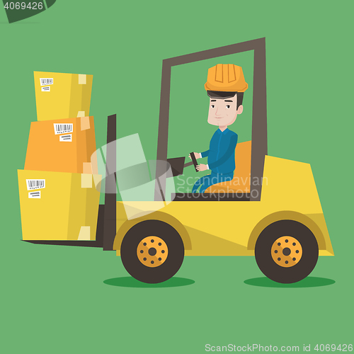 Image of Warehouse worker moving load by forklift truck.