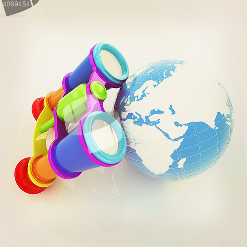 Image of binocular around earth. 3D illustration. Vintage style.