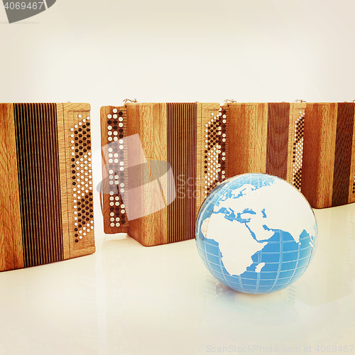 Image of Musical instruments - retro bayans and Earth. 3D illustration. V