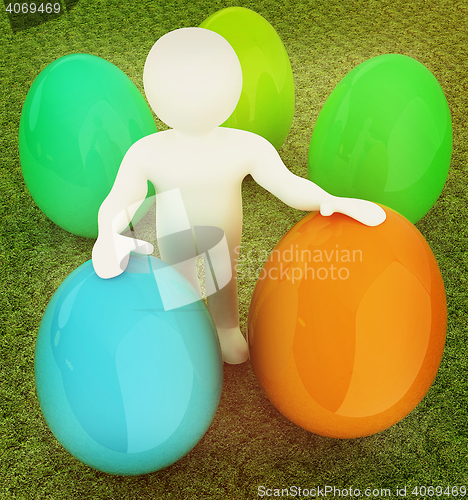 Image of 3d small person holds the big Easter egg in a hand. 3d image. On
