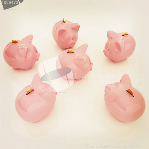 Image of gold coin with with the piggy banks. 3D illustration. Vintage st