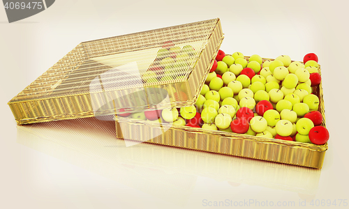 Image of Wicker basket full of apples isolated on white. 3D illustration.