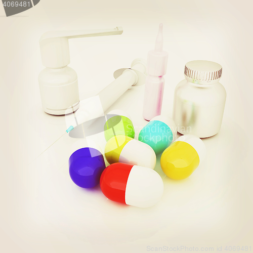 Image of Syringe, tablet, pill jar. 3D illustration. 3D illustration. Vin