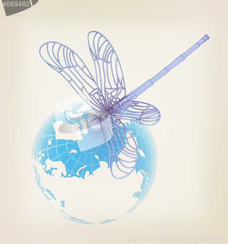 Image of Dragonfly on earth. 3D illustration. Vintage style.