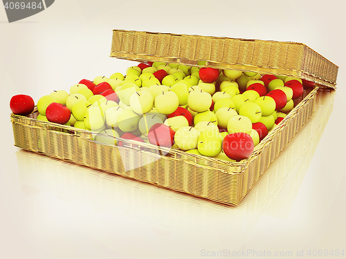 Image of Wicker basket full of apples isolated on white. 3D illustration.