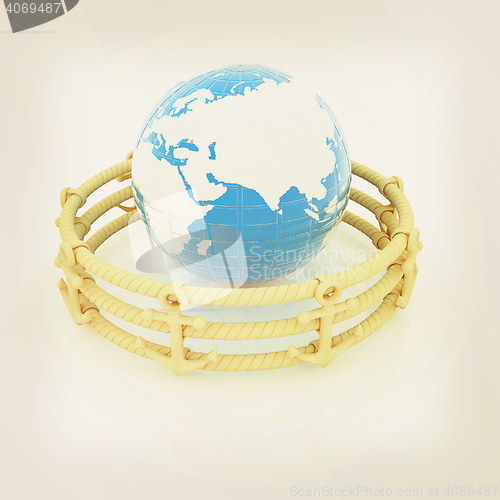 Image of Design fence of anchors on the ropes and Earth in the center. 3D