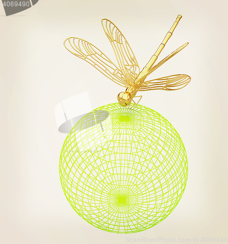 Image of Dragonfly on abstract design sphere. 3D illustration. Vintage st