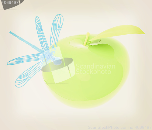 Image of Dragonfly on apple. 3D illustration. Vintage style.