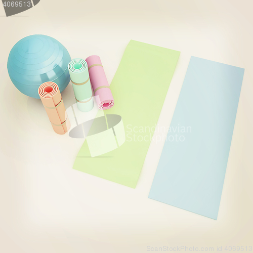 Image of karemat and fitness ball. 3D illustration. 3D illustration. Vint