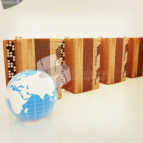 Image of Musical instruments - retro bayans and Earth. 3D illustration. V