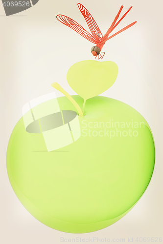 Image of Dragonfly on apple. 3D illustration. Vintage style.