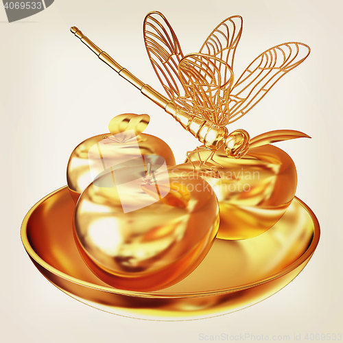 Image of Dragonfly on gold apples. 3D illustration. Vintage style.