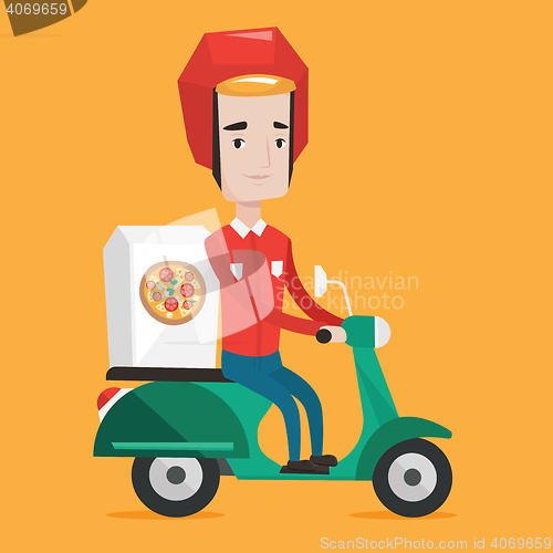 Image of Man delivering pizza on scooter.