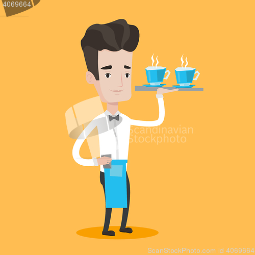 Image of Waiter holding tray with cups of coffeee or tea.