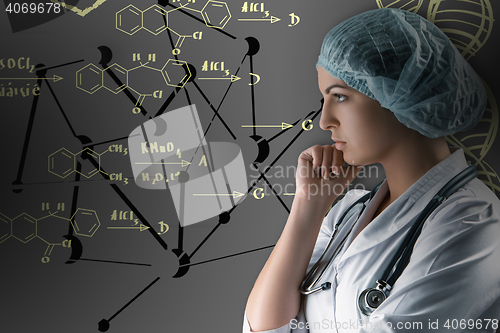 Image of Collage on scientific topics. Young female doctor standing against gray background