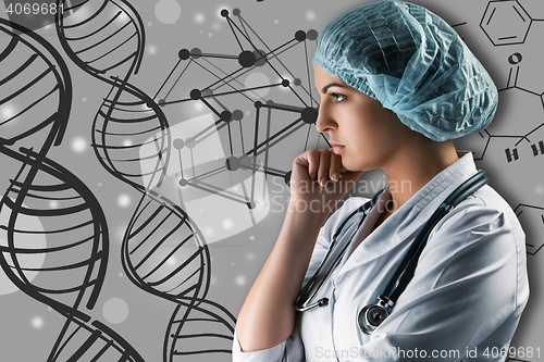 Image of Collage on scientific topics. Young female doctor standing against gray background