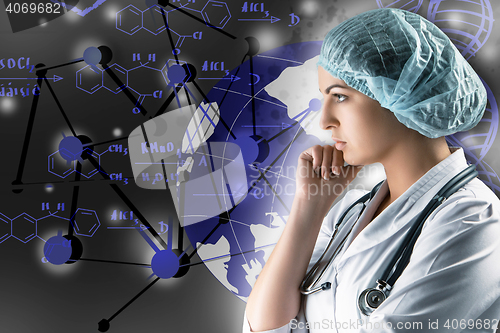 Image of Collage on scientific topics. Young female doctor standing against gray background