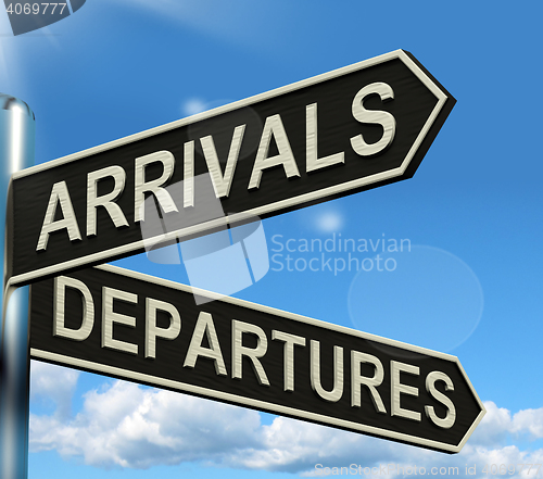 Image of Arrivals Departures Signpost Showing Flights Airport And Interna