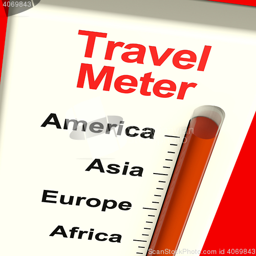 Image of Travel Meter Showing America Asia And Europe