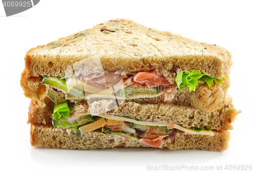 Image of Sandwich with salmon on white background