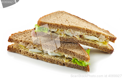 Image of Rye bread sandwich with chicken and egg