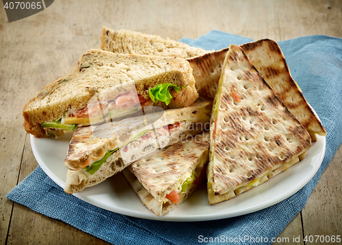 Image of plate of various triangle sandwiches