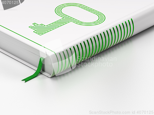 Image of Privacy concept: closed book, Key on white background
